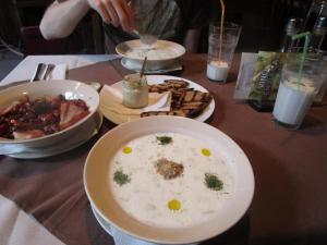 Tarator soup, bread with cheese and truffle spread, bean salad, and yogurt drink - Veliko Tarnovo