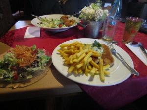 Pork schnitzel with a traditional sauce that was kind of like tartar, a side salad, and some fries